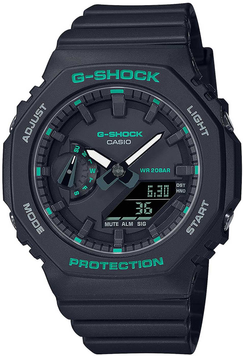 Reloj Casio G-SHOCK: correa de resina negra, detalles verdes, pantalla digital