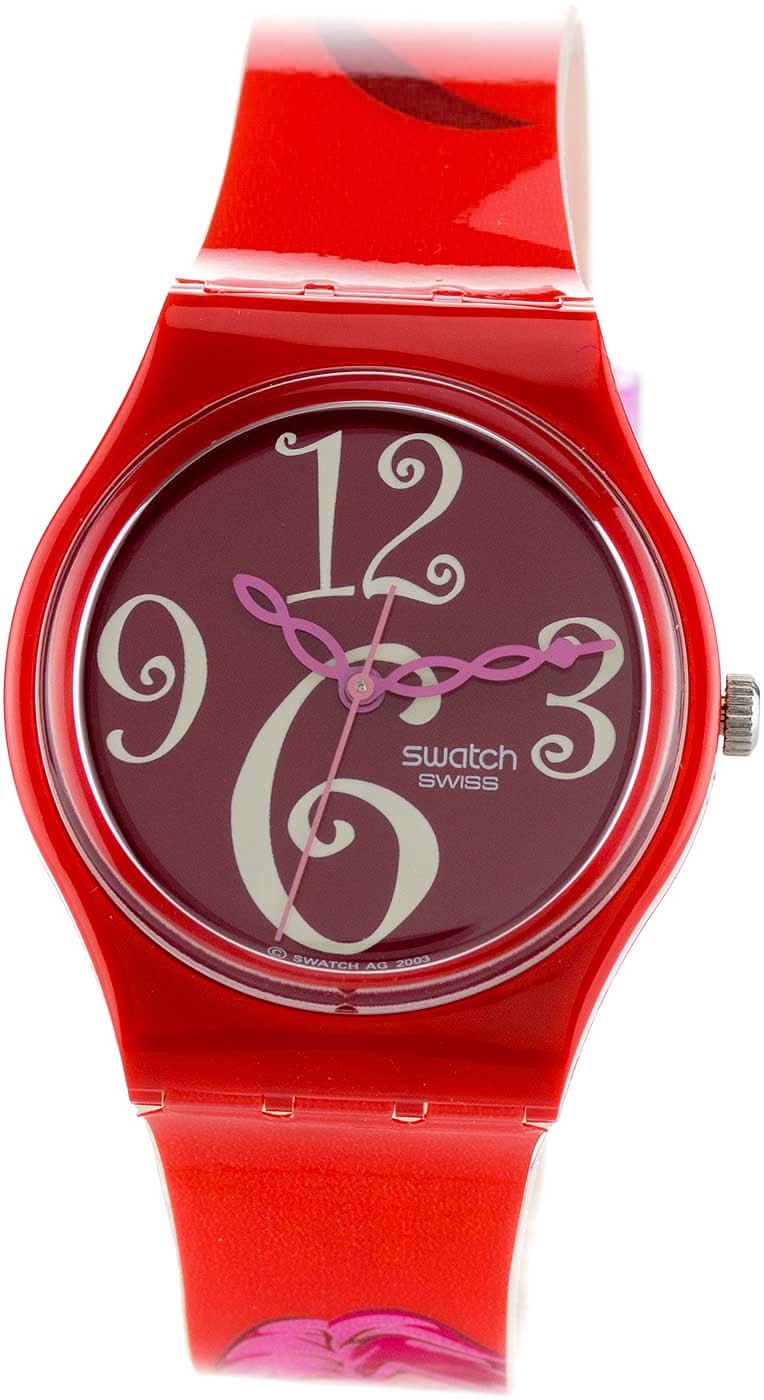 Reloj Swatch rojo con esfera redonda y números decorativos rojos en la correa de plástico.