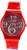 Reloj Swatch rojo con esfera redonda y números decorativos rojos en la correa de plástico.