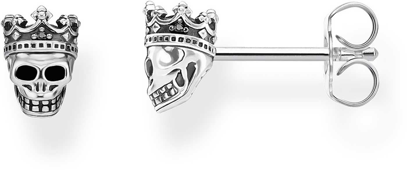 Pendientes de plata de ley 925 ennegrecida con calavera y corona, con cierre de presión