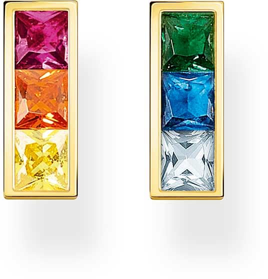 Pendientes rectangulares con montura chapada en oro amarillo y piedras de colores