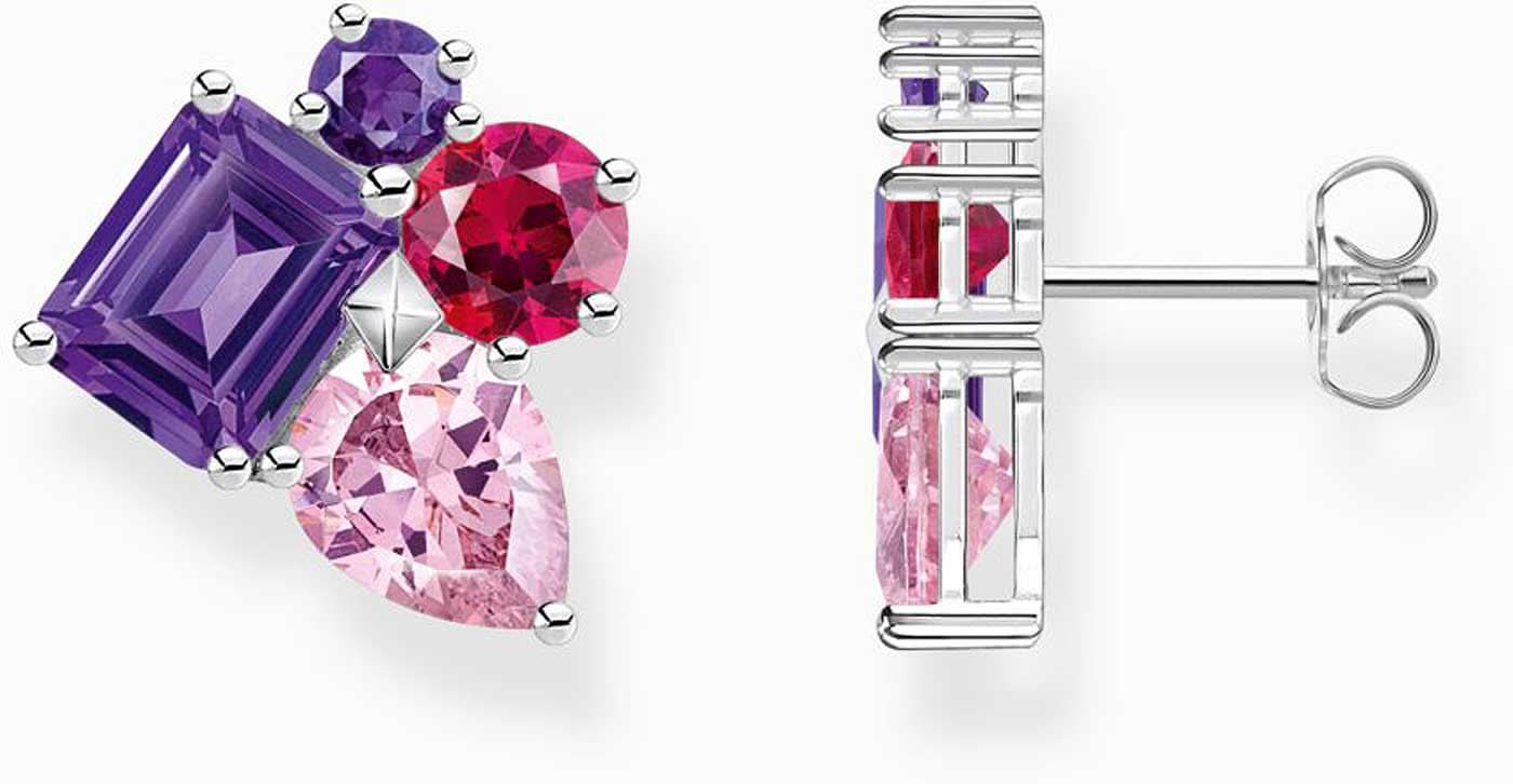 Pendientes con cuatro circonitas de colores morado, rojo y rosa en montura plateada