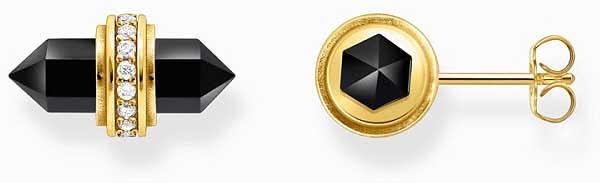 Pendientes dorados con cristal negro hexagonal y piedras decorativas blancas