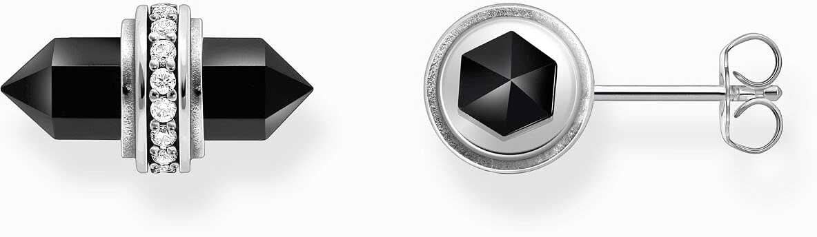 Pendientes con cristal de ónix hexagonal negro y base de piedra plateada