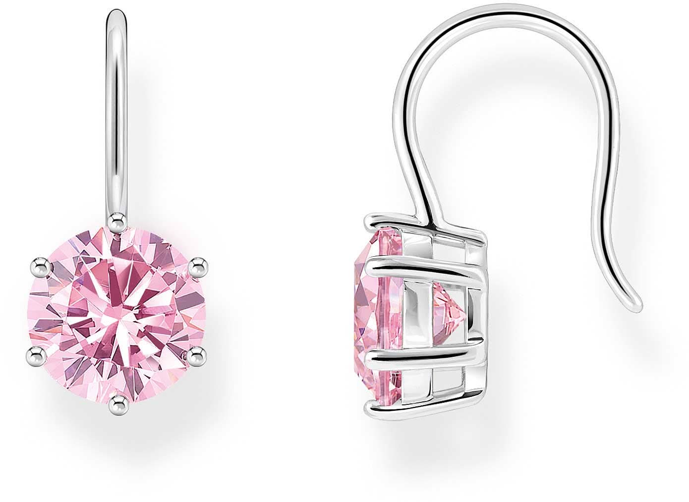 Pendientes con piedra redonda rosa y montura plateada, cierre de gancho