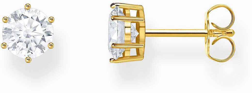 Pendientes con circonita blanca redonda, talla brillante, montura dorada