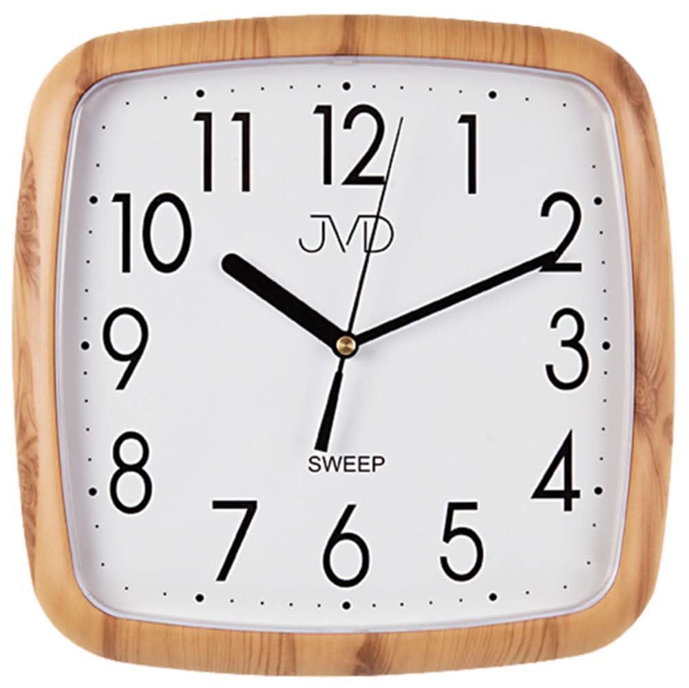 Reloj de pared cuadrado con marco de madera, esfera blanca y manecillas negras