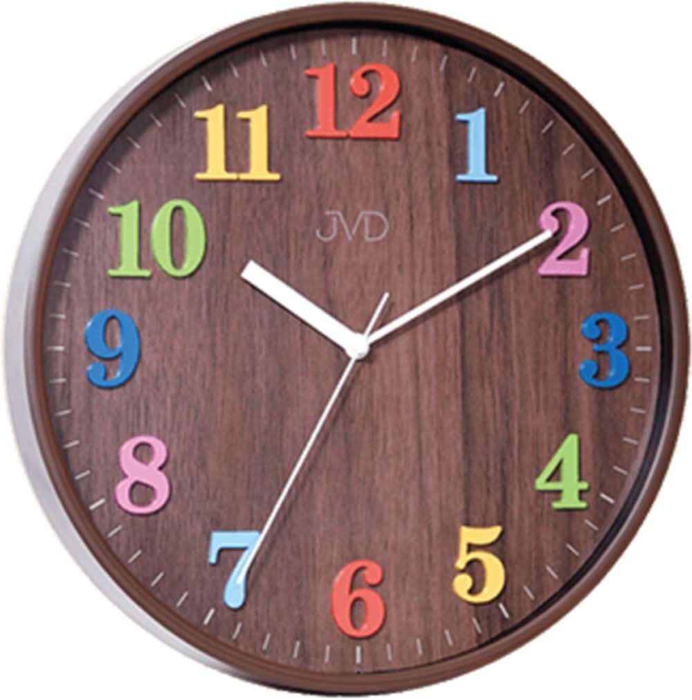 Reloj de pared redondo JVD con esfera marrón, números multicolores y manecillas blancas