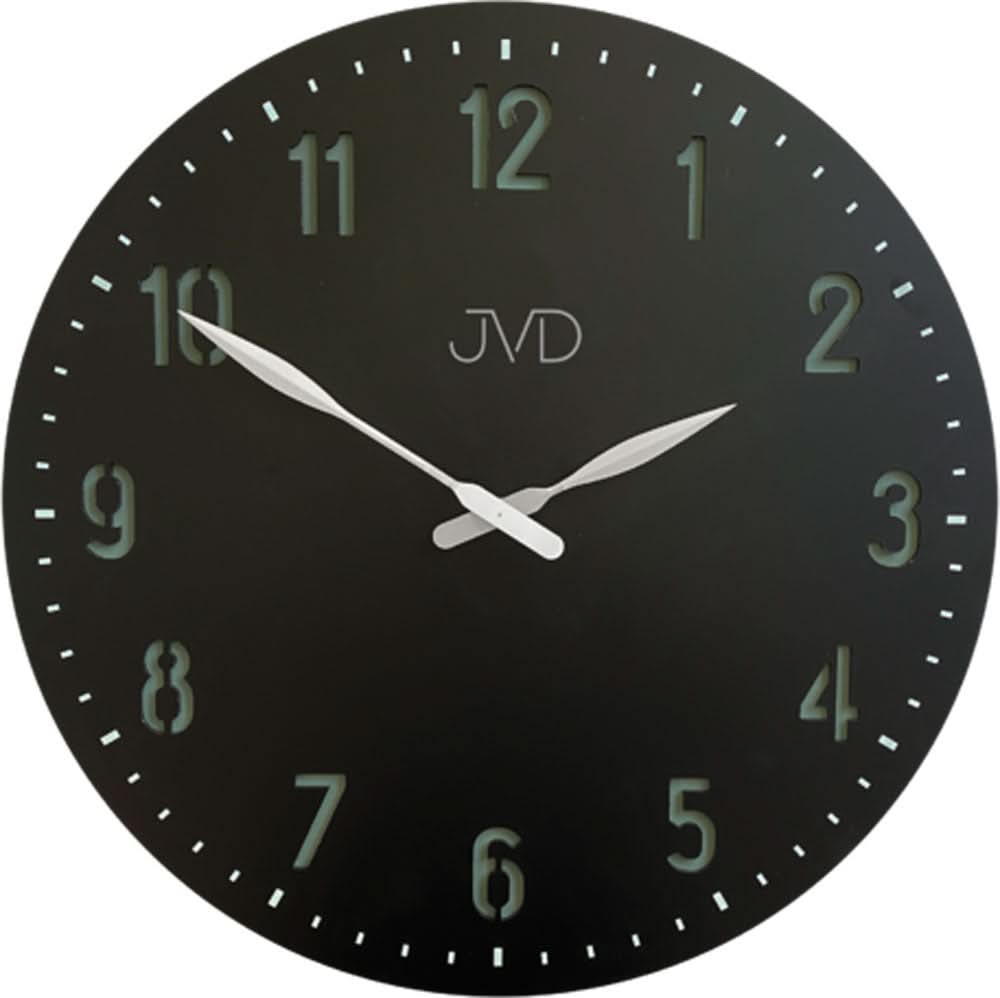Reloj de pared redondo con esfera oscura, marcadores de línea blancos y manecillas plateadas
