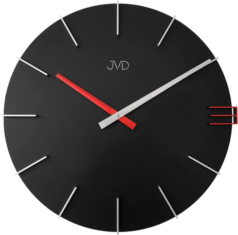 Reloj de pared JVD con esfera negra, detalles rojos e manecillas blancas