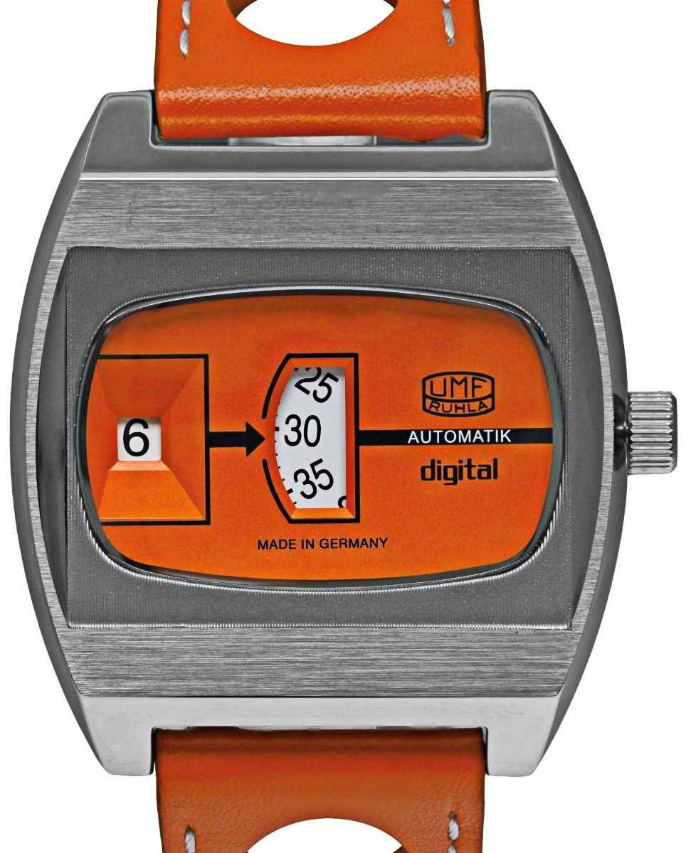 Reloj de hombre con caja de acero inoxidable plateado, correa naranja y pantalla digital