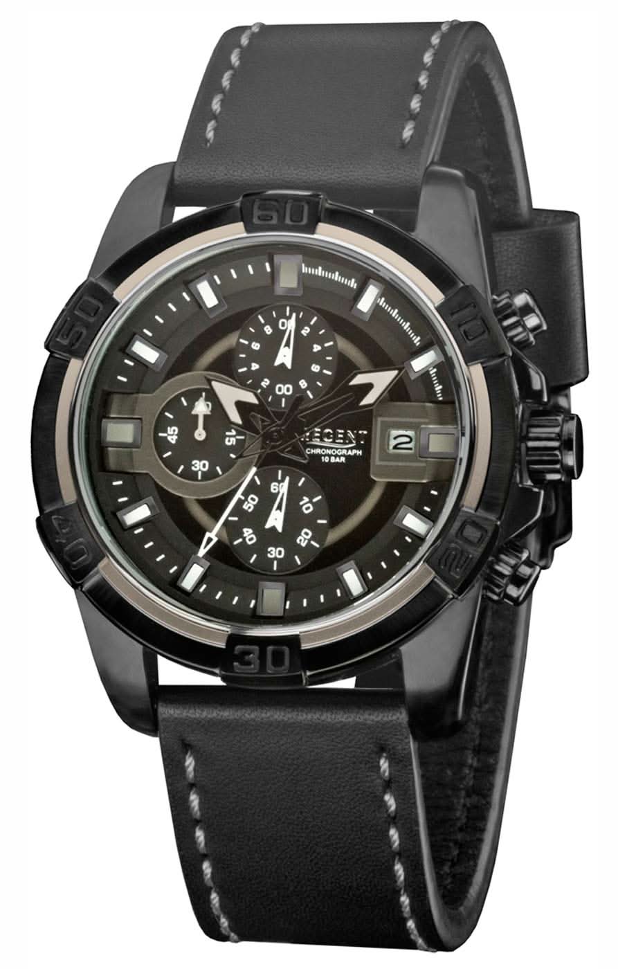 Cronógrafo para hombre: reloj negro con esfera y correa de cuero