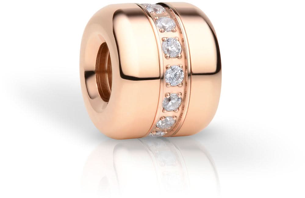 Abalorios de acero inoxidable en tono oro rosa con múltiples circonitas en el anillo