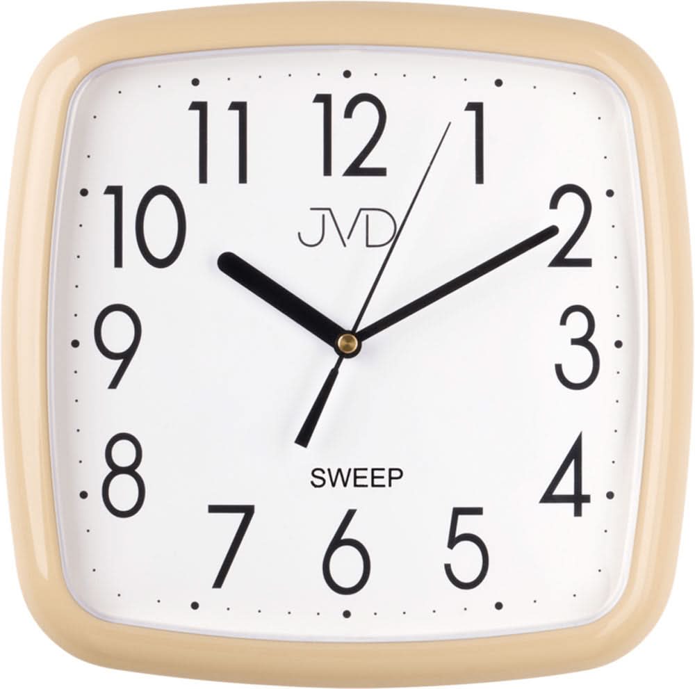 Reloj de pared JVD con marco de plástico beige, esfera blanca y manecillas negras