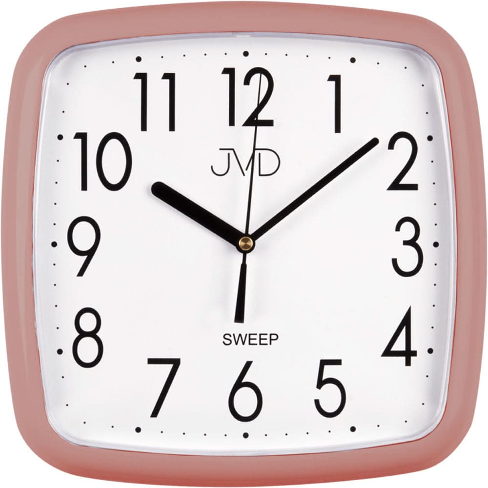 Reloj de pared, caja cuadrada de plástico rosa, esfera blanca con manecillas negras.