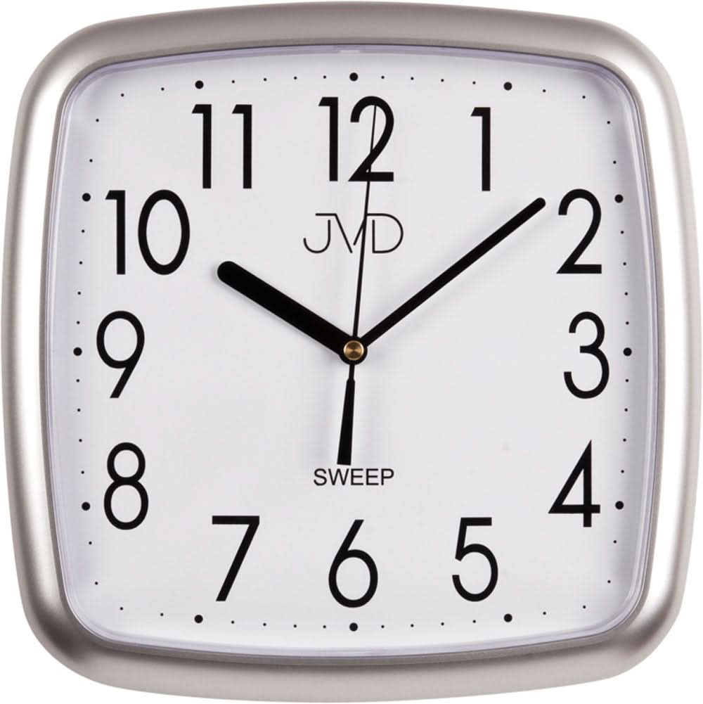 Reloj de pared cuadrado con esfera blanca, manecillas y números negros, logo JVD