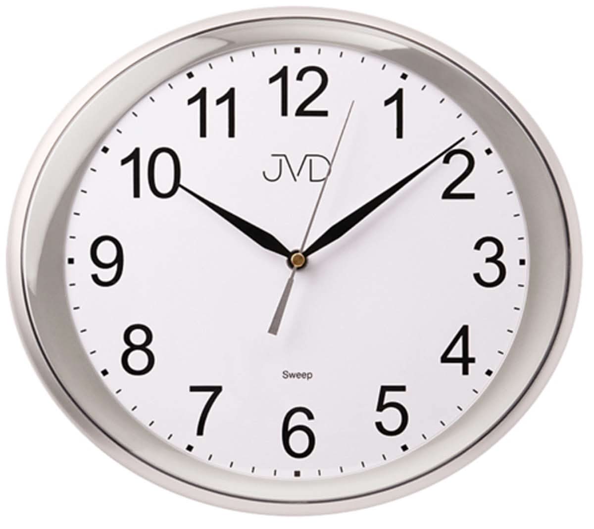 Reloj de pared ovalado: esfera blanca con números y manecillas negras, marco plateado