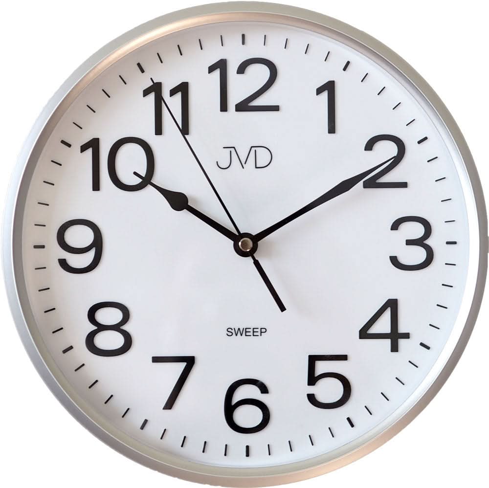 Reloj de pared redondo con borde plateado, esfera blanca y manecillas negras