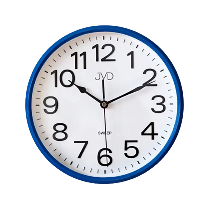 Reloj de pared con borde azul, esfera blanca y números negros