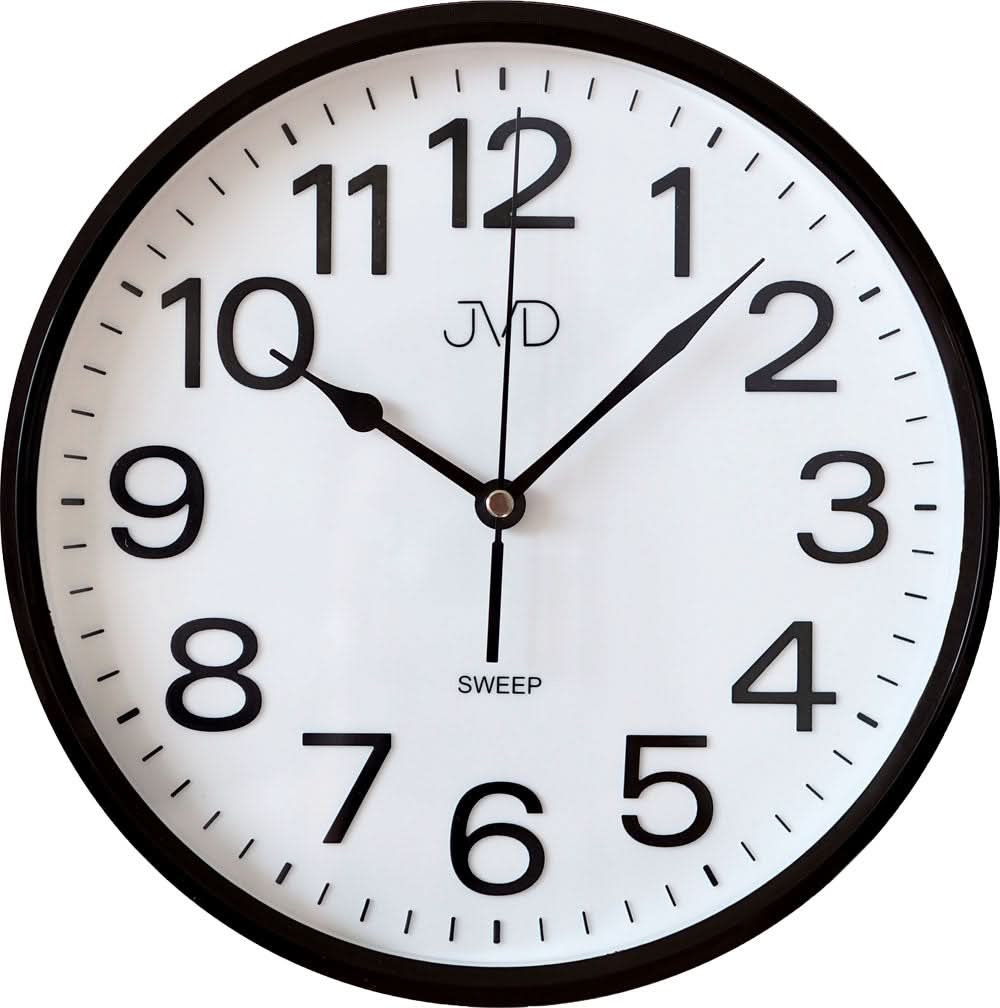 Reloj de pared redondo con esfera blanca, números negros y marco de plástico oscuro