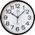 Reloj de pared redondo con esfera blanca, números negros y marco de plástico oscuro