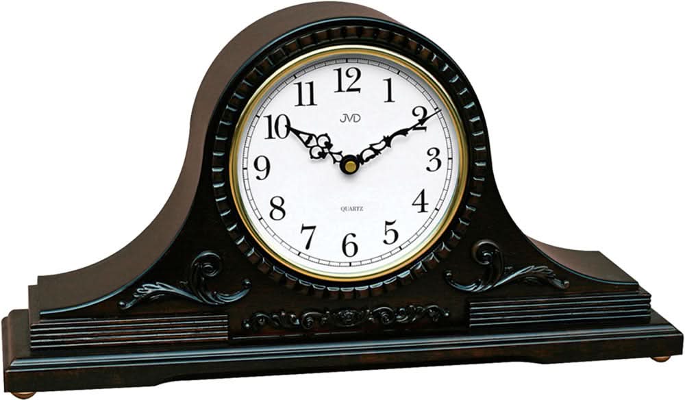 Reloj de mesa de madera con esfera redonda y números romanos, marco negro