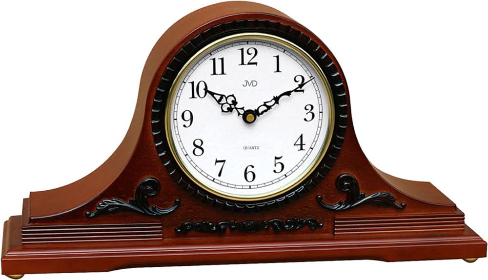 Reloj de mesa de madera con esfera redonda, números arábigos y manecillas, marrón oscuro