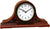 Reloj de mesa de madera con esfera redonda, números arábigos y manecillas, marrón oscuro