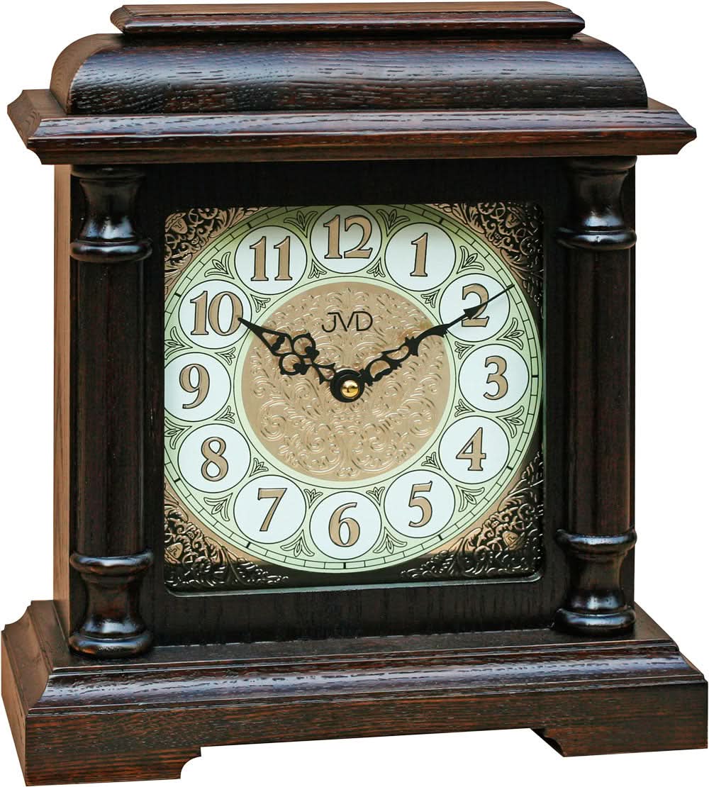 Reloj de mesa de madera con frente de cristal, números arábigos, esfera con JVD