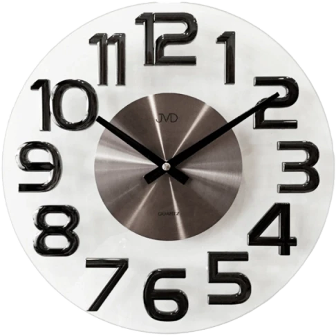 "Reloj de pared redondo con esfera blanca, números negros e manecillas negras"