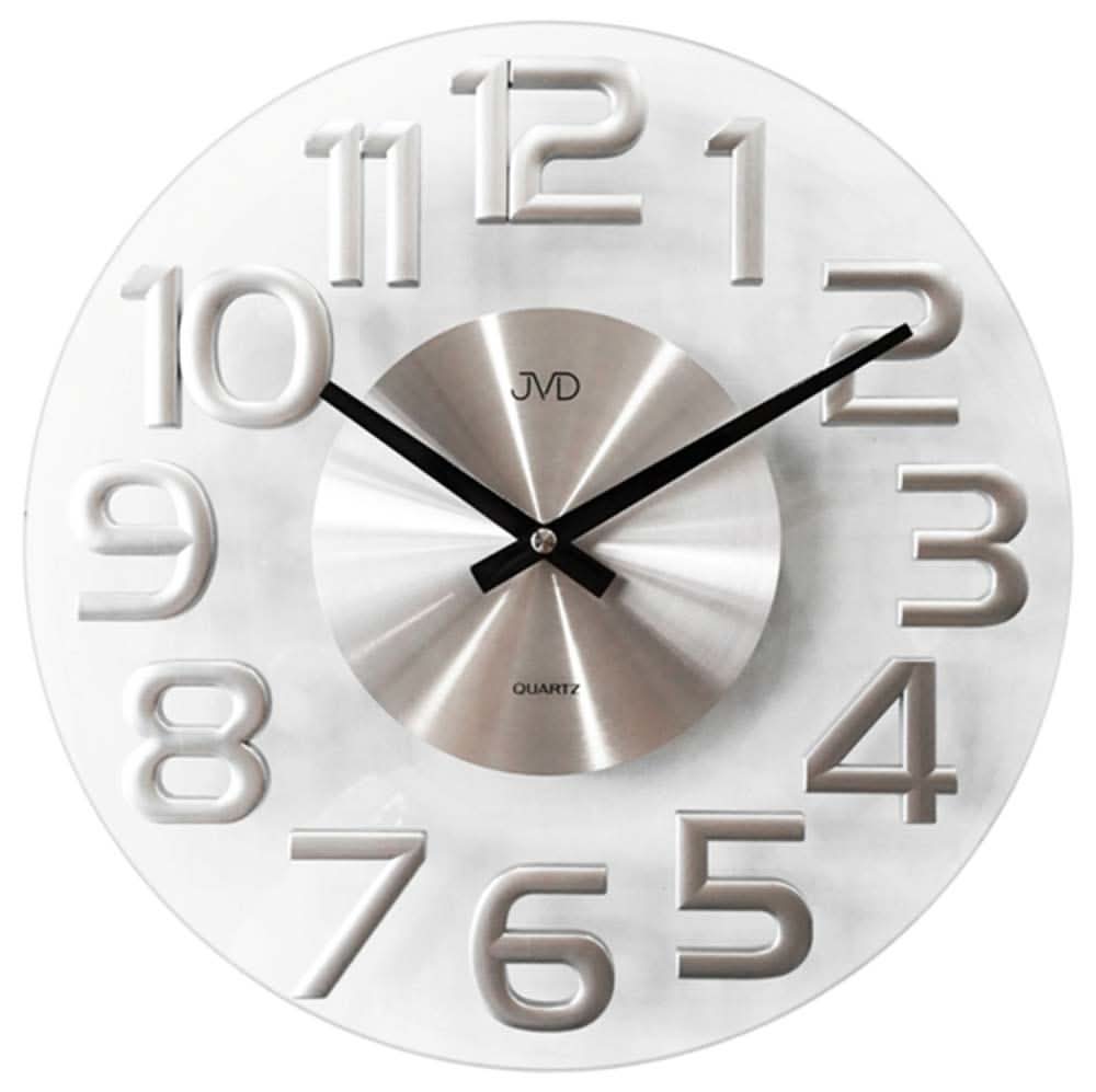 "Reloj de pared redondo con números plateados, juego de manecillas negro y esfera de cristal"