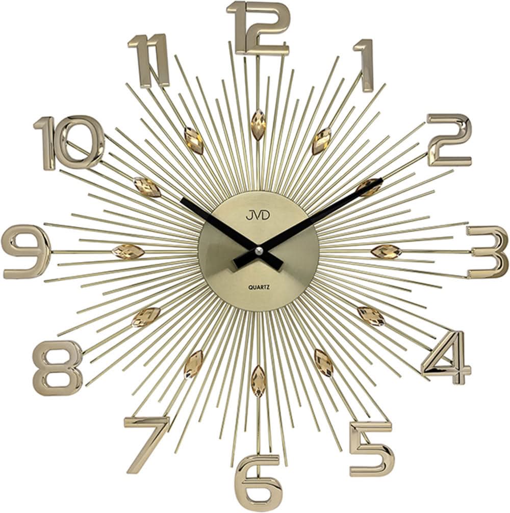 Reloj de pared de metal con números romanos, movimiento de cuarzo, esfera dorada y rayos