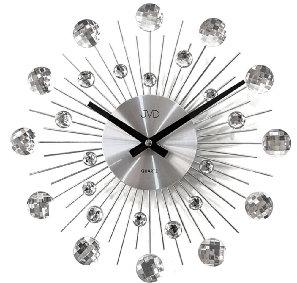 Reloj de pared JVD con diseño metálico, ejes de manecillas redondos y rayos, botones de cristal brillantes
