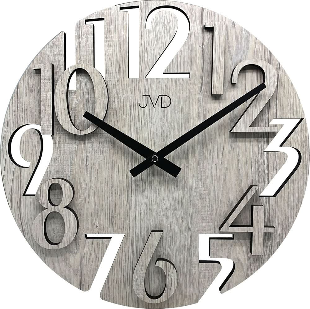 Reloj de pared redondo de madera con números grandes y manecillas negras, JVD