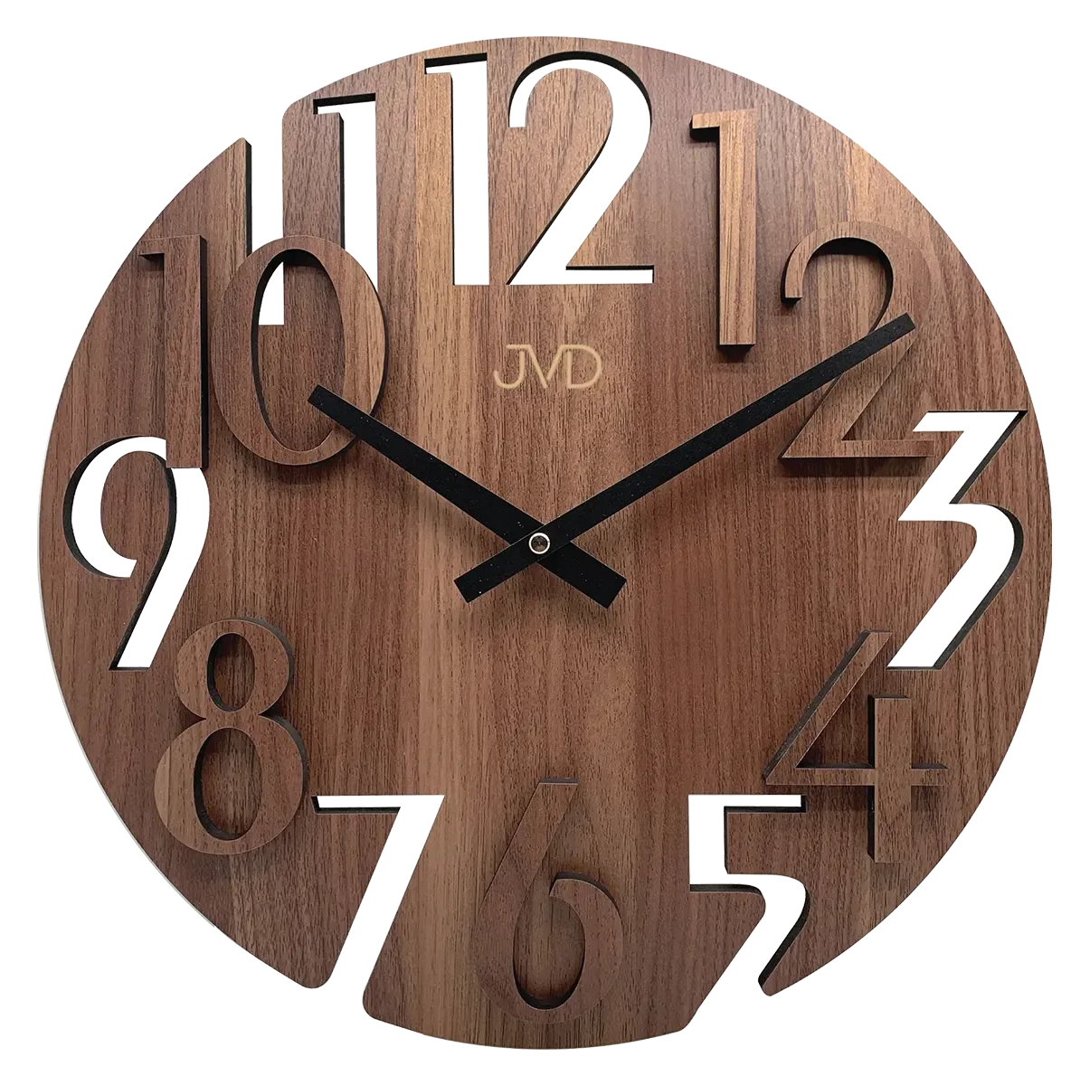 Reloj de pared de madera con esfera redonda, números grandes y manecillas negras, JVD