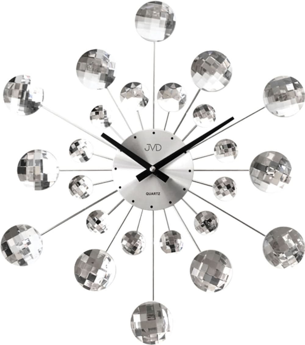 Reloj de pared moderno con esfera redonda y texto de cuarzo, rodeado de esferas de cristal