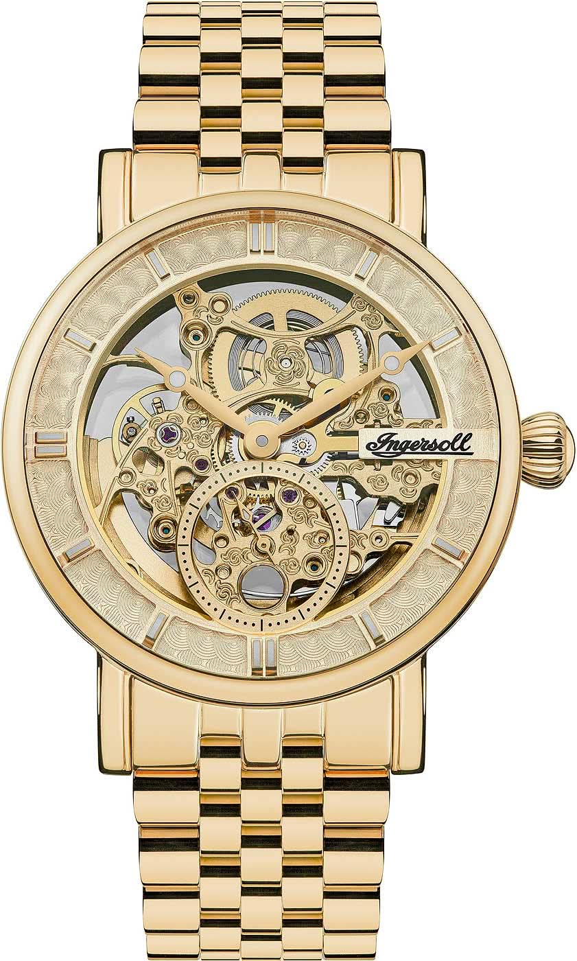 Reloj automático dorado para hombre con movimiento esqueleto y esfera de cristal