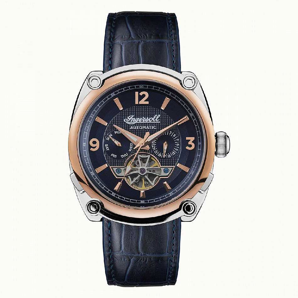 Reloj de pulsera Ingersoll para hombre con automático, caja redonda plateada, esfera azul, correa de piel