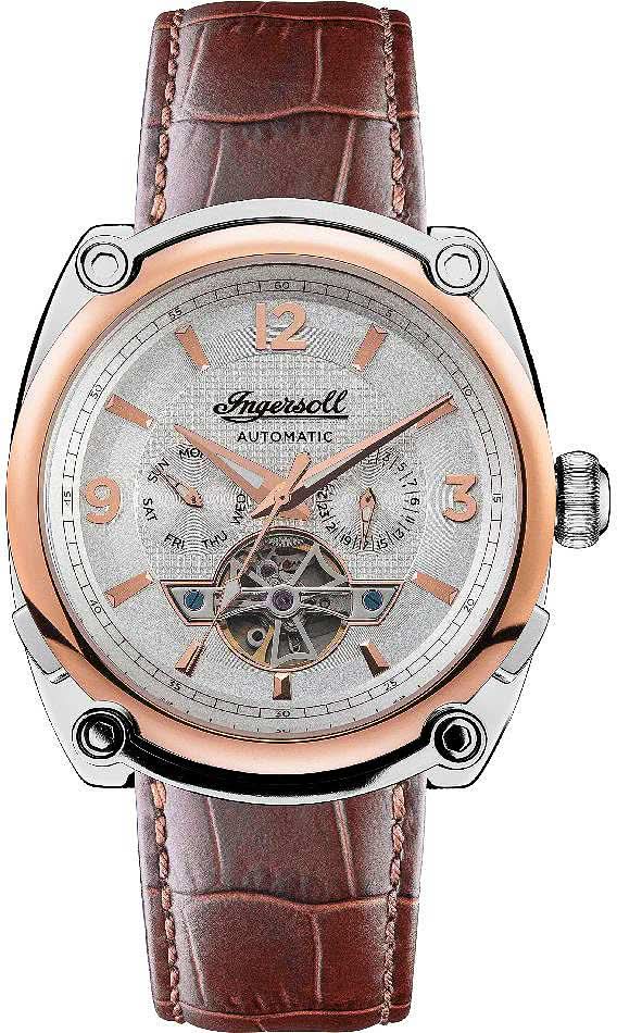 Reloj de hombre Ingersoll con correa de cuero marrón, caja plateada y esfera gris, automático