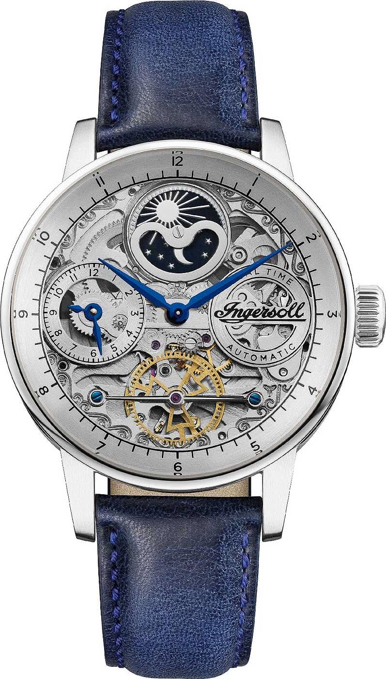 Reloj de hombre con correa de cuero azul y esfera plateada esqueleto, manecilla azul