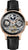 Reloj de hombre con correa de cuero negra, caja de oro rosa y detalle de fase lunar