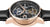 Reloj de hombre con esfera abierta, bisel en oro rosa y correa de piel negra