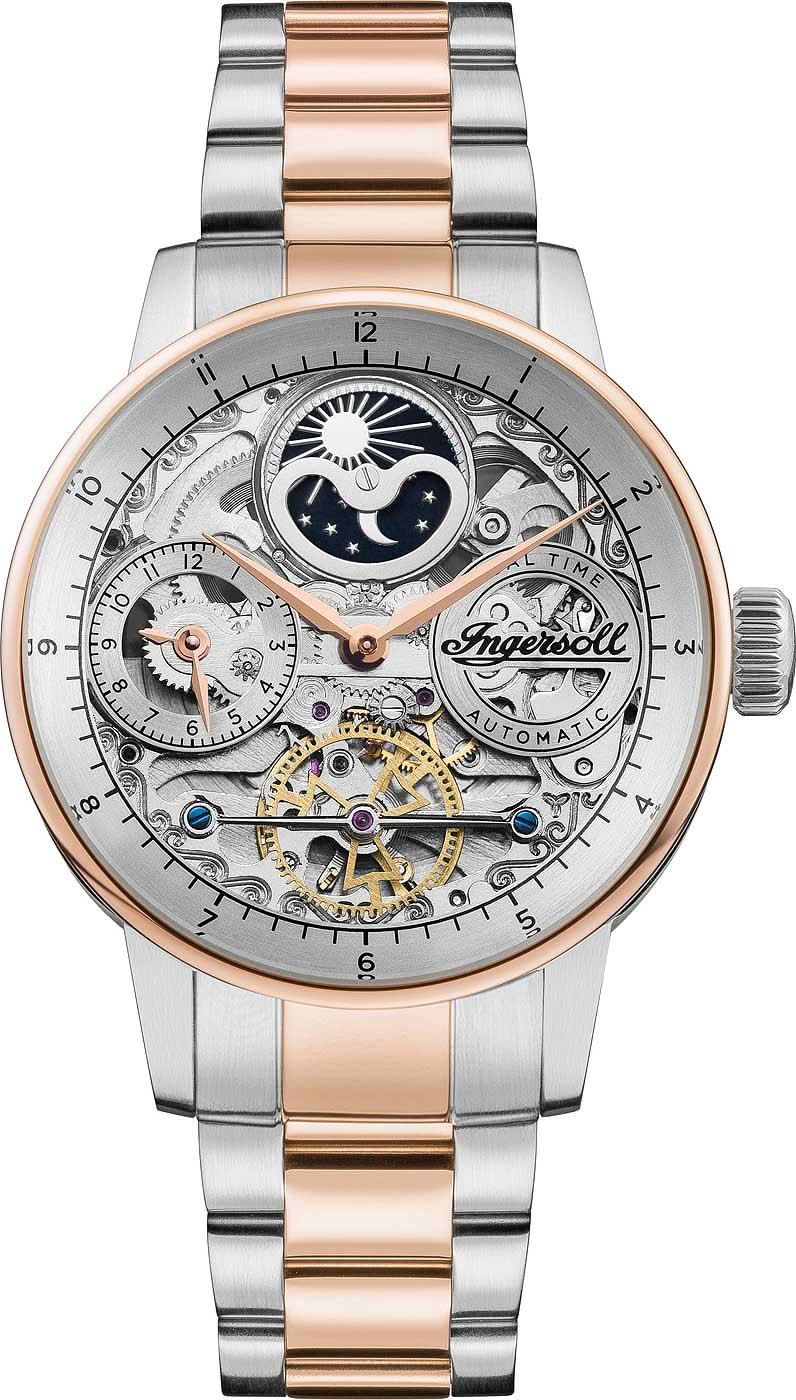 Reloj de hombre con correa de acero inoxidable plateado y oro rosa, esfera esqueleto con fases lunares.