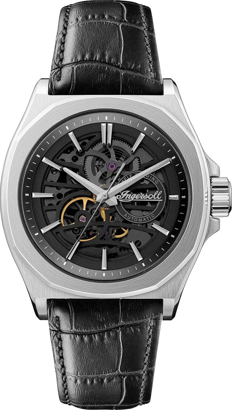Reloj de hombre con esfera esqueletizada, correa de cuero negro y caja plateada