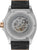 Reloj de hombre con fondo visto y movimiento automático, correa de cuero negra y caja plateada