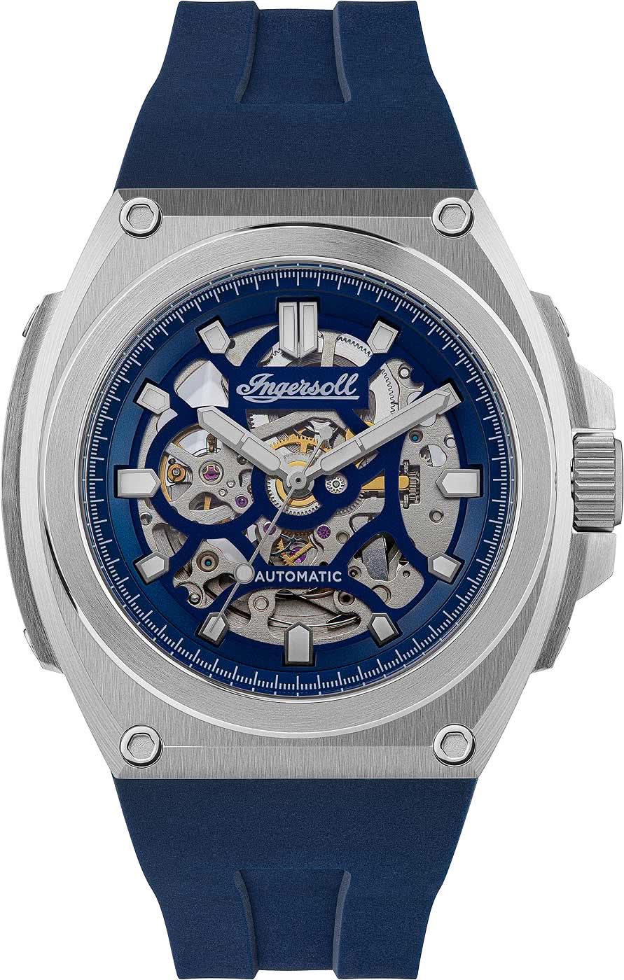 Reloj de hombre con correa de cuero azul y esfera esqueleto, caja de acero inoxidable