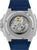 Reloj de hombre con movimiento automático visible, correa azul y caja de acero inoxidable