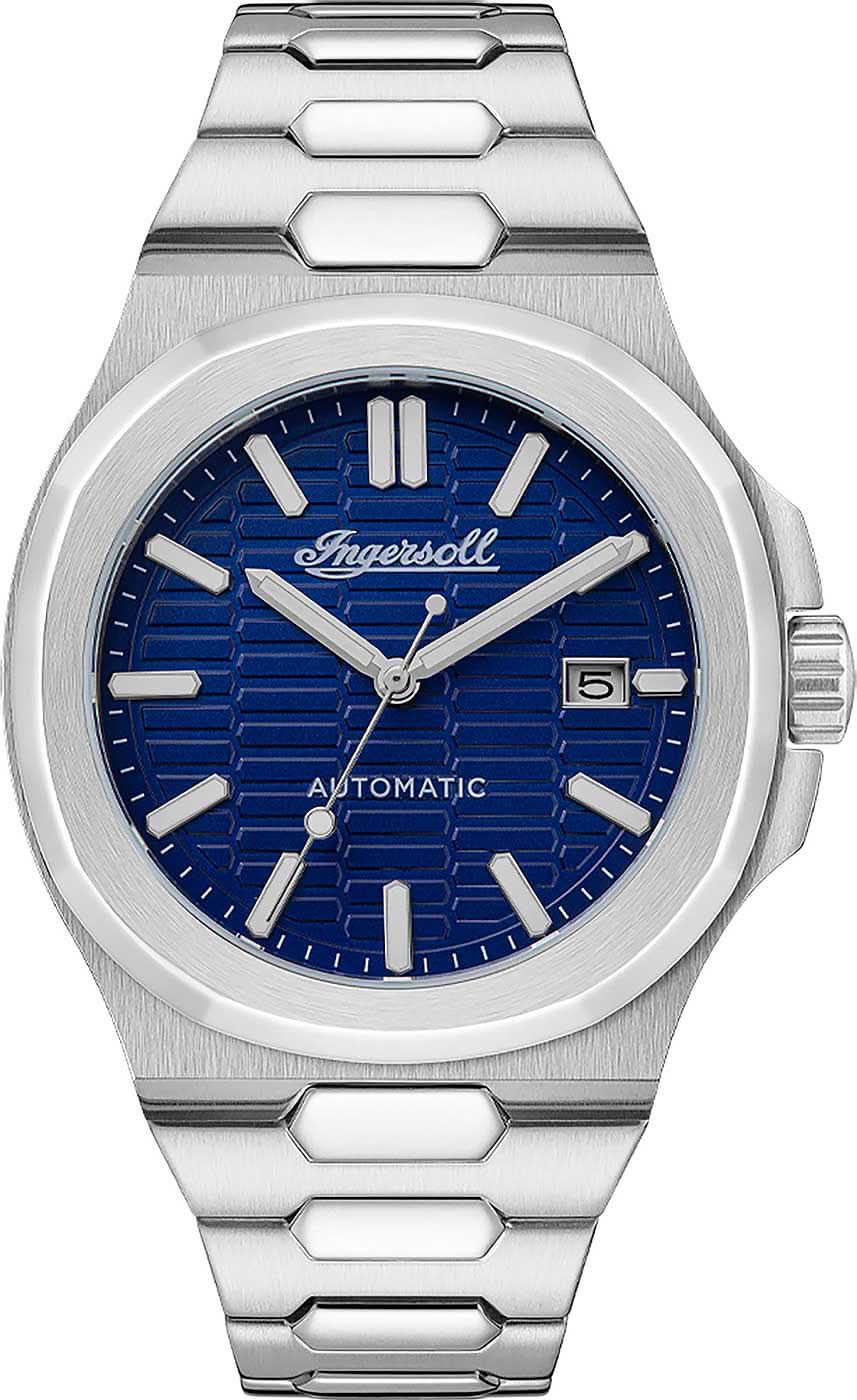 Reloj de hombre con correa de acero inoxidable, caja redonda y esfera azul, con visualización de fecha