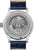 Reloj de hombre con correa de cuero azul y fondo de caja visiblemente cerrado con movimiento