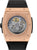 Vista trasera de reloj para hombre: caja en tono oro rosa con grabado y correa negra acanalada.